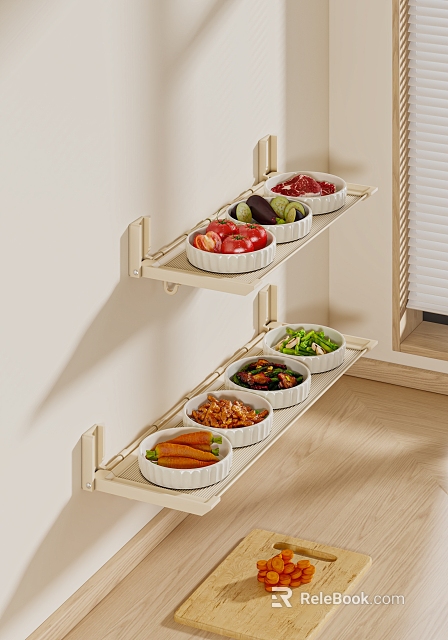 Fresh Assorted Food Bowls Arranged On Wall Mounted Kitchen Shelves 3d model 