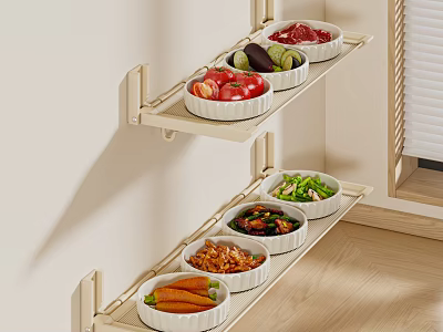 Fresh Assorted Food Bowls Arranged On Wall Mounted Kitchen Shelves 3d model