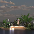 Woman Holding Drink on Platform Surrounded by Green Plants and Banana Leaves