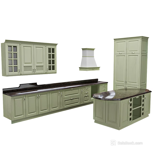 Modern Kitchen Interior With Light Green Cabinets Wall Units And Island 3d model