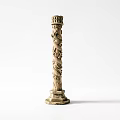 Intricately Carved Wooden Column With Ornate Patterns And Sculptural Details
