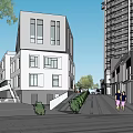Urban Commercial Complex with High Rise Buildings Landscaped Plaza Greenery and Parking Vehicles