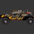 Off Road Truck With Large Tires Flame Decals Rusty Patched Body And Roof Rack