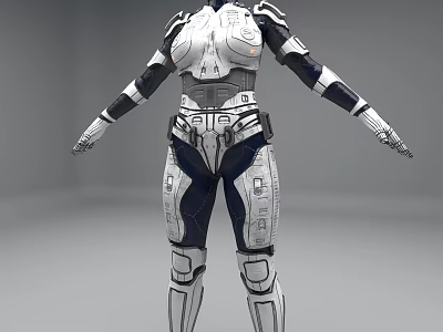 Futuristic Tech Armor Suit With White And Dark Blue Mechanical Details And Structural Design 3d model