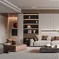 Modern Living Room Interior With Beige Sofa Coffee Table Striped Wall And Decorative Shelves