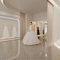 Modern White Wedding Dress Store Interior With Bridal Gown Display And Shelving Units