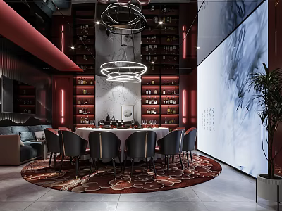 Luxurious Private Dining Room Interior With Round Table Black Chairs And Red Wine Cabinets 3d model