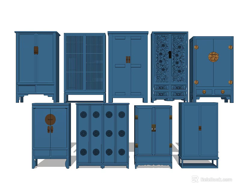 Traditional Chinese Blue Wardrobes With Lattice Doors Carved Patterns And Circular Motifs 3d model 
