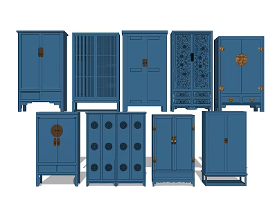 Traditional Chinese Blue Wardrobes With Lattice Doors Carved Patterns And Circular Motifs 3d model