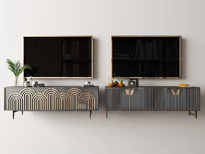 Modern TV Stand Design With Decorative Patterns Storage Drawers And Metal Accents 3d model