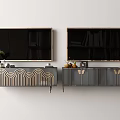 Modern TV Stand Design With Decorative Patterns Storage Drawers And Metal Accents