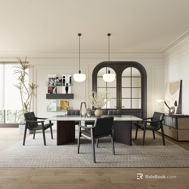 Modern Restaurant Open Interior Design With Marble Dining Table Black Chairs And Pendant Lights 3d model 