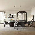 Modern Restaurant Open Interior Design With Marble Dining Table Black Chairs And Pendant Lights