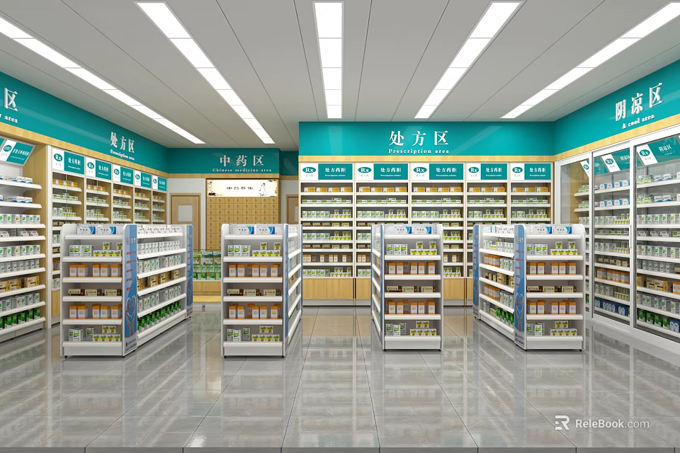 Well Arranged Pharmacy Store Interior With Medicine Shelves And Prescription Sections 3d model 