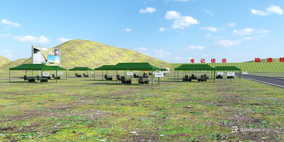 Large Open Outdoor Field Camp With Multiple Green Tents And Seats On Vast Natural Grassland 3d model 