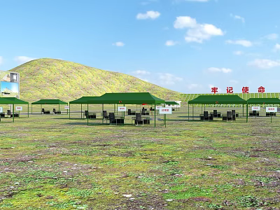 Large Open Outdoor Field Camp With Multiple Green Tents And Seats On Vast Natural Grassland 3d model