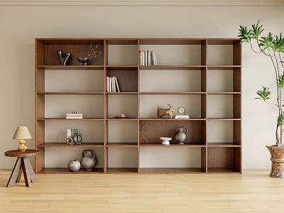 Wooden Open Shelf Unit In Modern Interior With Decorative Vases Books Compartments Lamp And Plant 3d model