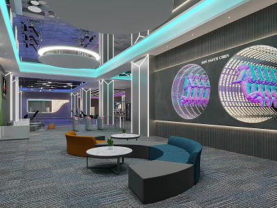 Modern Fitness Gym Interior With Workout Equipment Lounge Area And Neon Lights 3d model