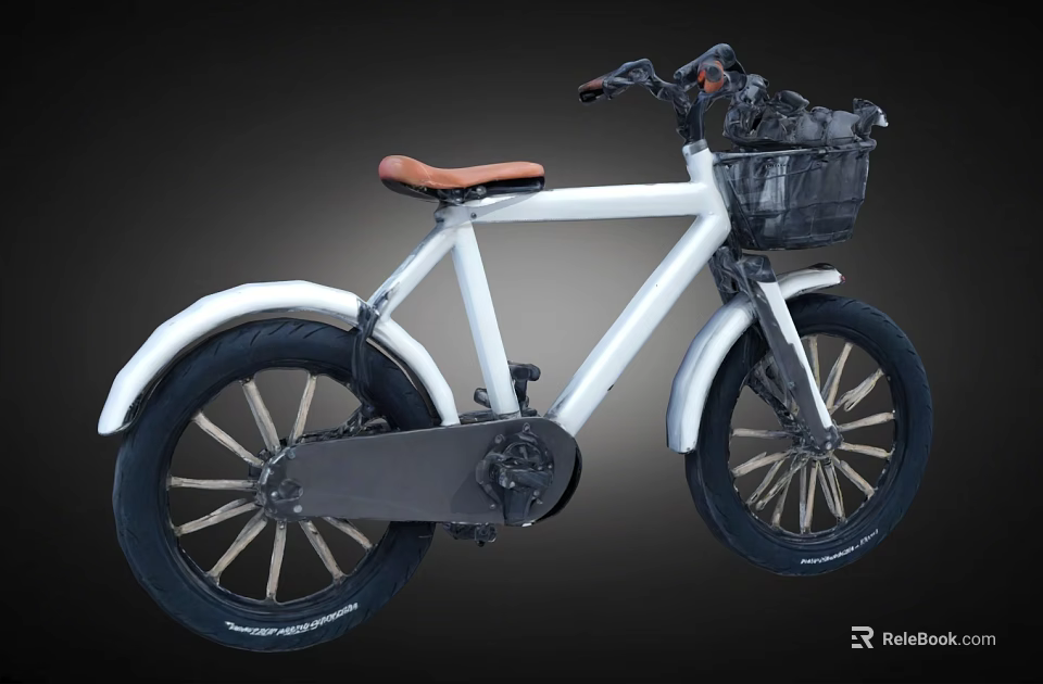 White Bicycle With Brown Seat And Front Basket For City Commuting Use 3d model