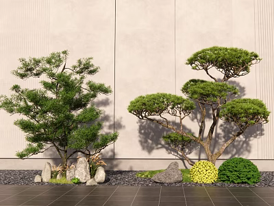 Two Green Leafy Trees With Stones And Small Shrubs On Tiled Ground Against Textured Wall 3d model