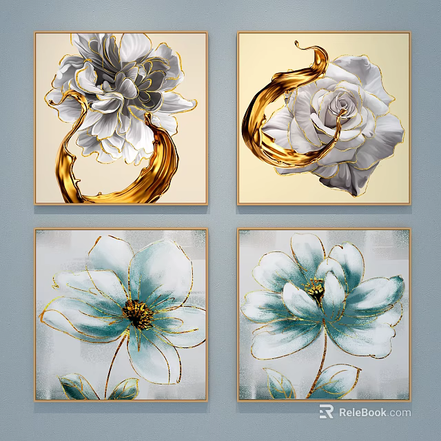 Botanical Paintings With Golden Accents And White Blue Floral Designs For Home Decor 3d model 