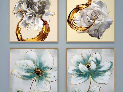 Botanical Paintings With Golden Accents And White Blue Floral Designs For Home Decor 3d model
