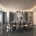 Modern Private Dining Room Interior With Round Table Chairs And Pendant Lights 3d model