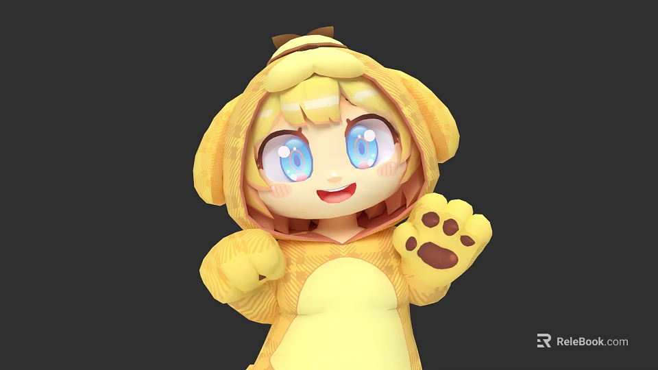 Cute Yellow Game Movie Character With Big Blue Eyes Paw Print Hoodie Waving 3d model 
