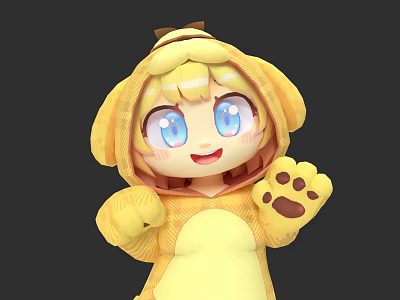 Cute Yellow Game Movie Character With Big Blue Eyes Paw Print Hoodie Waving 3d model