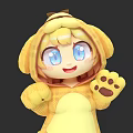 Cute Yellow Game Movie Character With Big Blue Eyes Paw Print Hoodie Waving