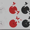 Modern Creative Wall Clocks Featuring Butterfly And Bird Decor In White Red Black 3d model