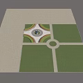Garden Ornament Featuring Tilted Stone Slabs Inscriptions On Circular Lawn With Brick Pavement And Low Wall