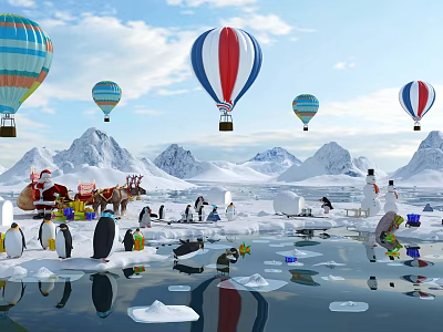 Winter Garden Landscape Featuring Snowy Mountains Hot Air Balloons Penguins And Floating Ice 3d model