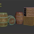 Vintage Wooden Barrels With Metal Hoops And Stacked Wooden Crates