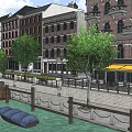 Waterfront Commercial Street With Colorful Historic Buildings Green Trees And Moored Boats