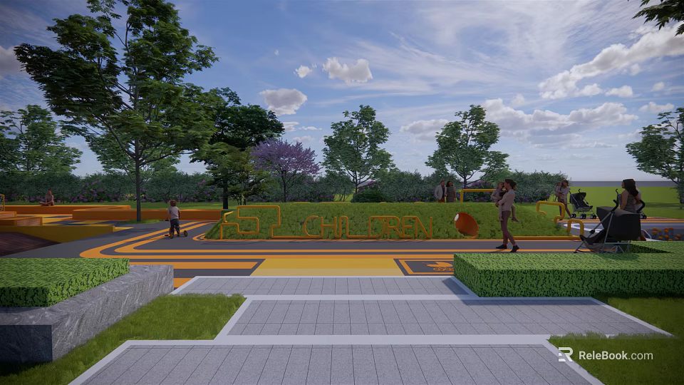 Vibrant Children's Play Area With Colorful Paths Green Trees Lawns And Playful Space Design 3d model 