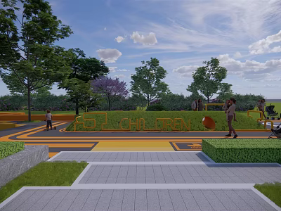 Vibrant Children's Play Area With Colorful Paths Green Trees Lawns And Playful Space Design 3d model