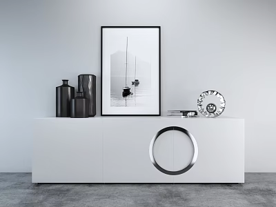 White Entryway Console Side Cabinet With Black Vases Artwork And Circular Metal Decor 3d model