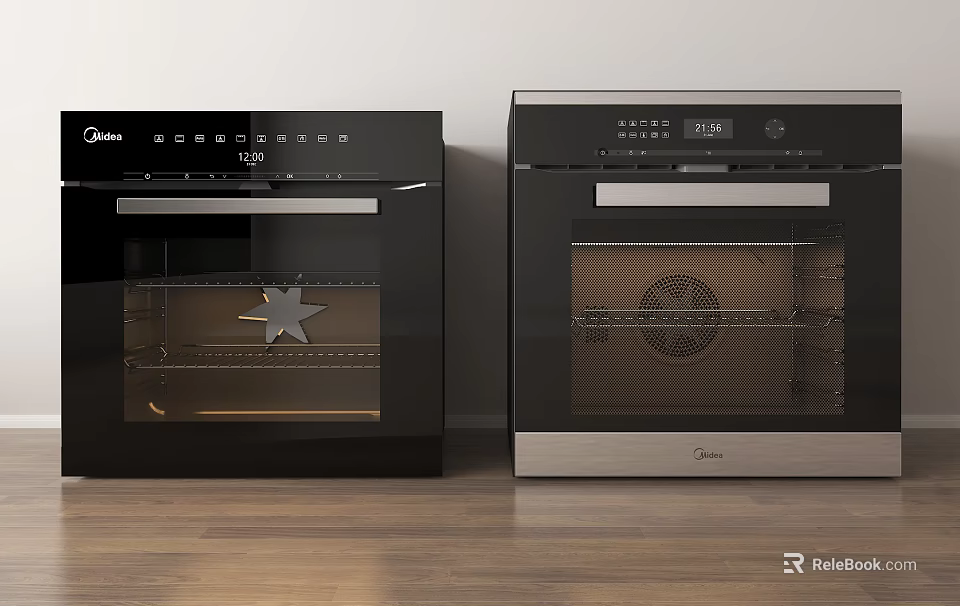 Modern Black Kitchen Ovens With Glass Doors Digital Displays And Control Panels 3d model 