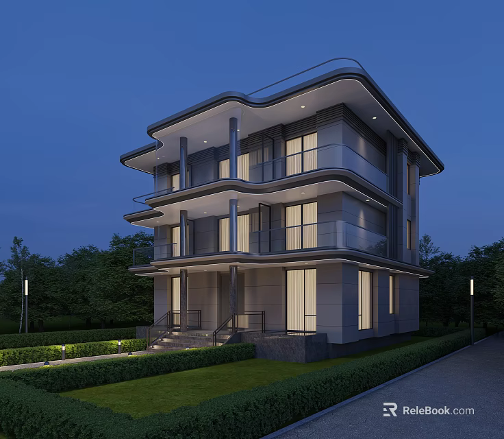 Modern Three Story Detached Villa with Large Glass Windows Lush Greenery and Evening View 3d model 