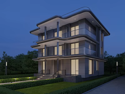 Modern Three Story Detached Villa with Large Glass Windows Lush Greenery and Evening View 3d model