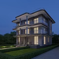 Modern Three Story Detached Villa with Large Glass Windows Lush Greenery and Evening View