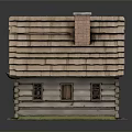 Traditional Wooden Log Cabin With Sloped Roof Brick Chimney Windows And Front Door