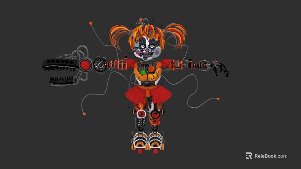 Clown Face Electric Toy Doll With Orange Pigtails Red Dress And Mechanical Gears 3d model 