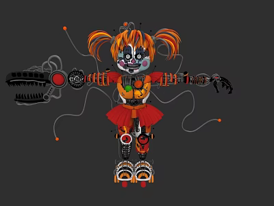 Clown Face Electric Toy Doll With Orange Pigtails Red Dress And Mechanical Gears 3d model