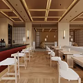 Modern Japanese Restaurant Interior With Wooden Ceiling Circular Decorative Wall Bar Counter And Dining Tables
