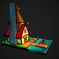 Cartoon House with Red Pointed Roof Chimney Wooden Dock Small Boat Pond and Green Grass
