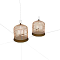 Two Decorative Wooden Birdcages With Metal Hooks And Dark Round Bases