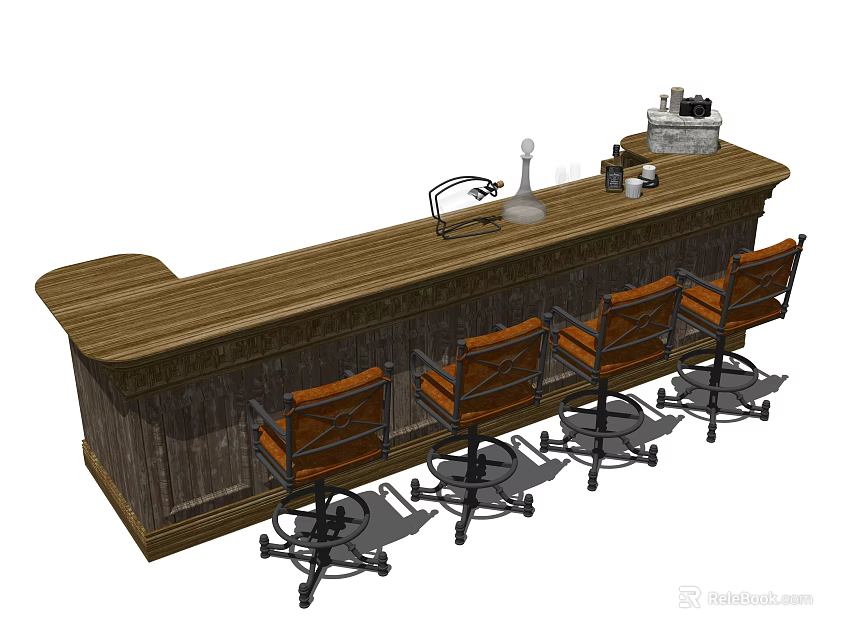 Wooden Bar Counter With Long Top Metal Rack Bottle And Brown Wheeled Stools 3d model 