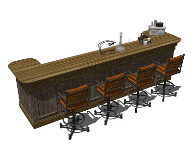 Wooden Bar Counter With Long Top Metal Rack Bottle And Brown Wheeled Stools 3d model